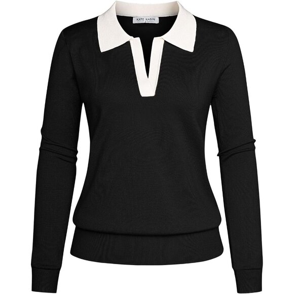 Sweaters - Women Long Sleeve Polo Sweater V Neck Knitted Tops Casual Ribbed Pullover